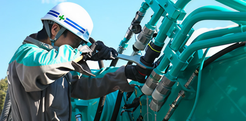 スパナを用いて建設機械の配管メンテナンスを行う整備士。