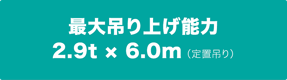 最大吊り上げ能力 2.9t × 6.0m（ 定置吊り）