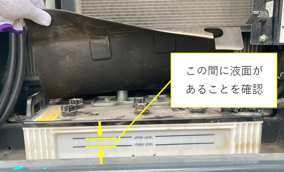 バッテリー側面のインジケーターによる適正な液量確認。バッテリー側面の「UPPER LEVEL」と「LOWER LEVEL」の間に液面があることを確認するよう、黄色い矢印で示した写真。