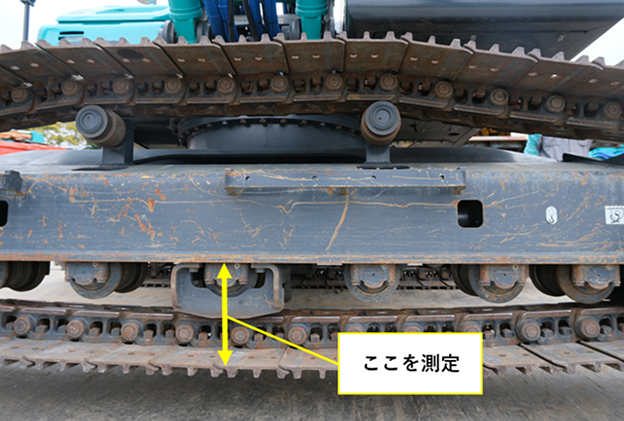 下部走行体のクローラにおける張りの測定箇所。走行フレームと履帯の間の隙間に黄色い矢印が表示され、「ここを測定」と注釈がある写真。