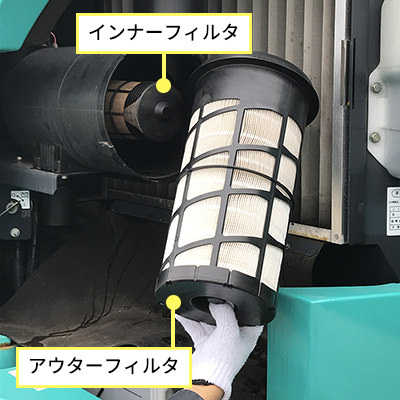 ケースから取り出した大きなアウターフィルタと、奥に装着されているインナーフィルタを指し示している写真。
