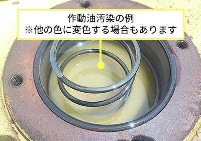 劣化や異物混入により変色した作動油の汚染例。タンク内部の油が白濁または変色している。