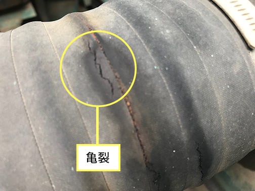 ゴムホースの表面に深い亀裂（クラック）が入っている接写写真
