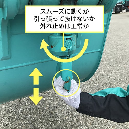作業員がバケット裏のフックを手で動かし、外れ止めや動作を確認している写真