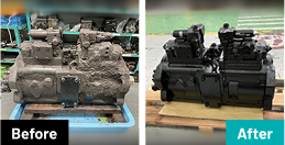 泥で汚れた古いポンプ(Before)と、黒く塗装され新品同様になったポンプ(After)の比較画像です。