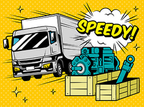 「SPEEDY!」の文字とともに、迅速な供給体制を表現したトラックと再生部品のイメージイラストです。