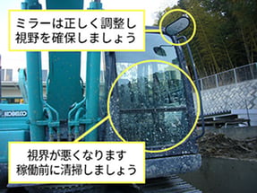ミラーの清掃と視界の確保が重要であることの説明。雨や泥で視認性が下がったらすぐに汚れなどを除去してください