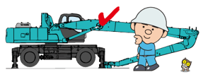 キャラクターがマテハン機のブーム連結部を指差し、点検箇所を確認しているイラスト。