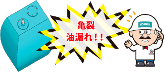 エアブリーザの不調によりタンクが変形し、亀裂や油漏れが発生することへの注意喚起イラスト。