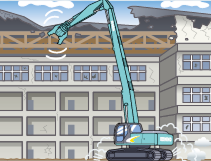 超ロングアーム仕様のショベルが建物の解体作業を行っているイラスト。