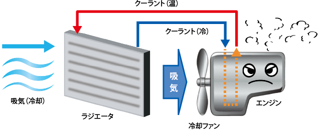 ラジエータ、冷却ファン、エンジン間をクーラントが循環して熱を放出する流れを示した図解。
