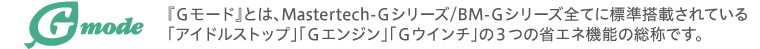 『Ｇモード』とは、Mastertech-Gシリーズ/BM-Gシリーズ全てに標準搭載されている「アイドルストップ」「Gエンジン」「Gウインチ」の３つの省エネ機能の総称です。