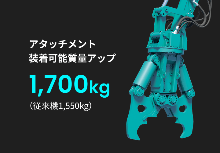 アタッチメント装着可能質量アップ：1,700kg（従来機1,550kg）